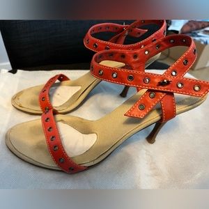 👠HP👠 BOTTEGA VENETA Coral/Orange LEATHER ANKLE STRAP HEELED SANDALS 37.5